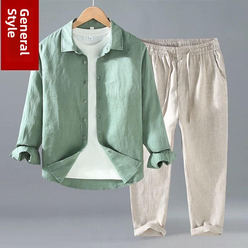 Mens Linen Shirt Long Sleeve - Letni zestaw koszula i spodnie z