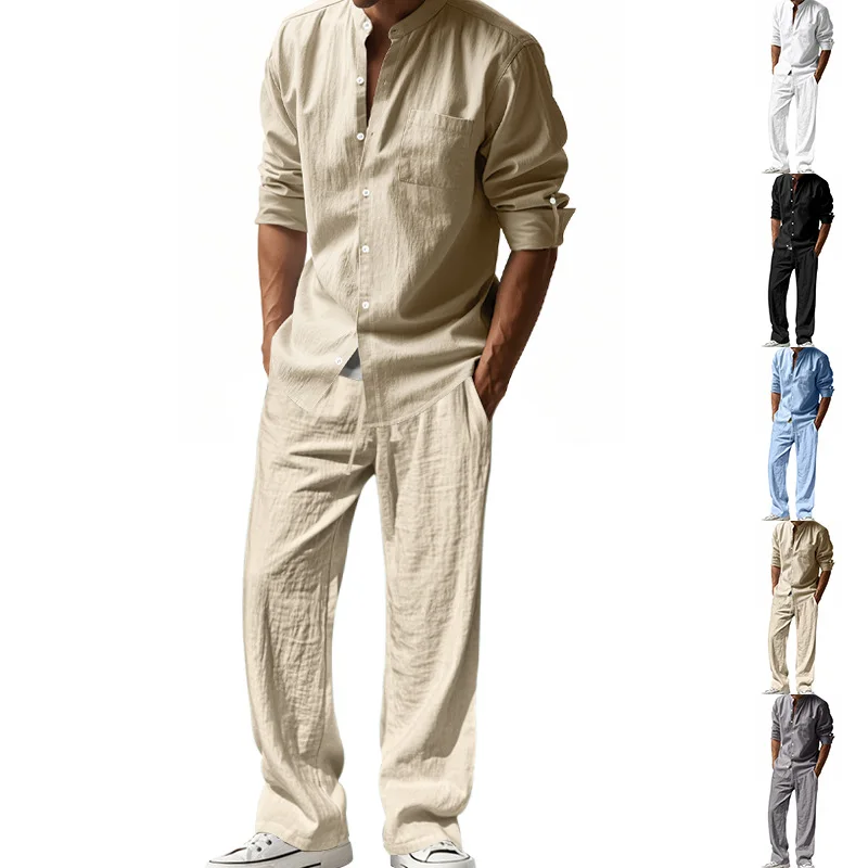 Mens Linen Shirt Long Sleeve - Męski garnitur lniany na cztery pory