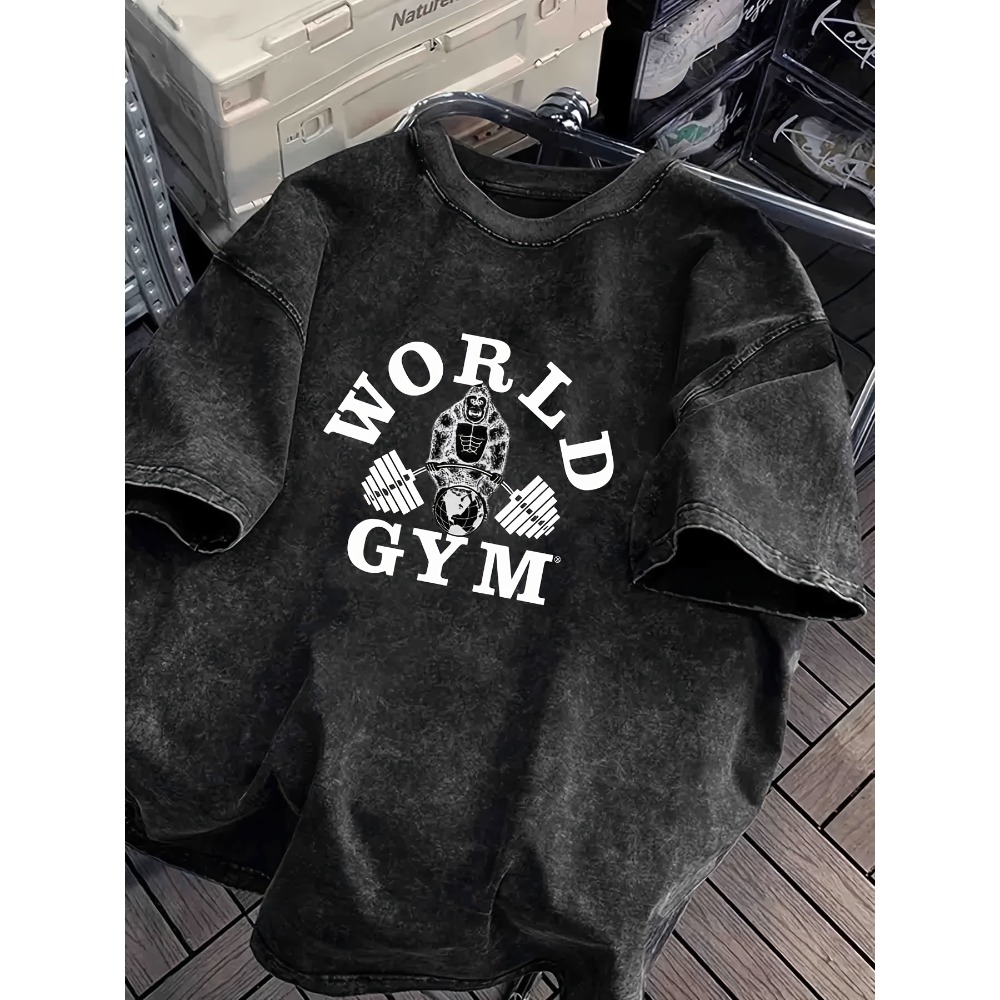 Acid Wash Vintage Graphic T Shirt - Koszulka World Gym Gorilla Lifting Weights