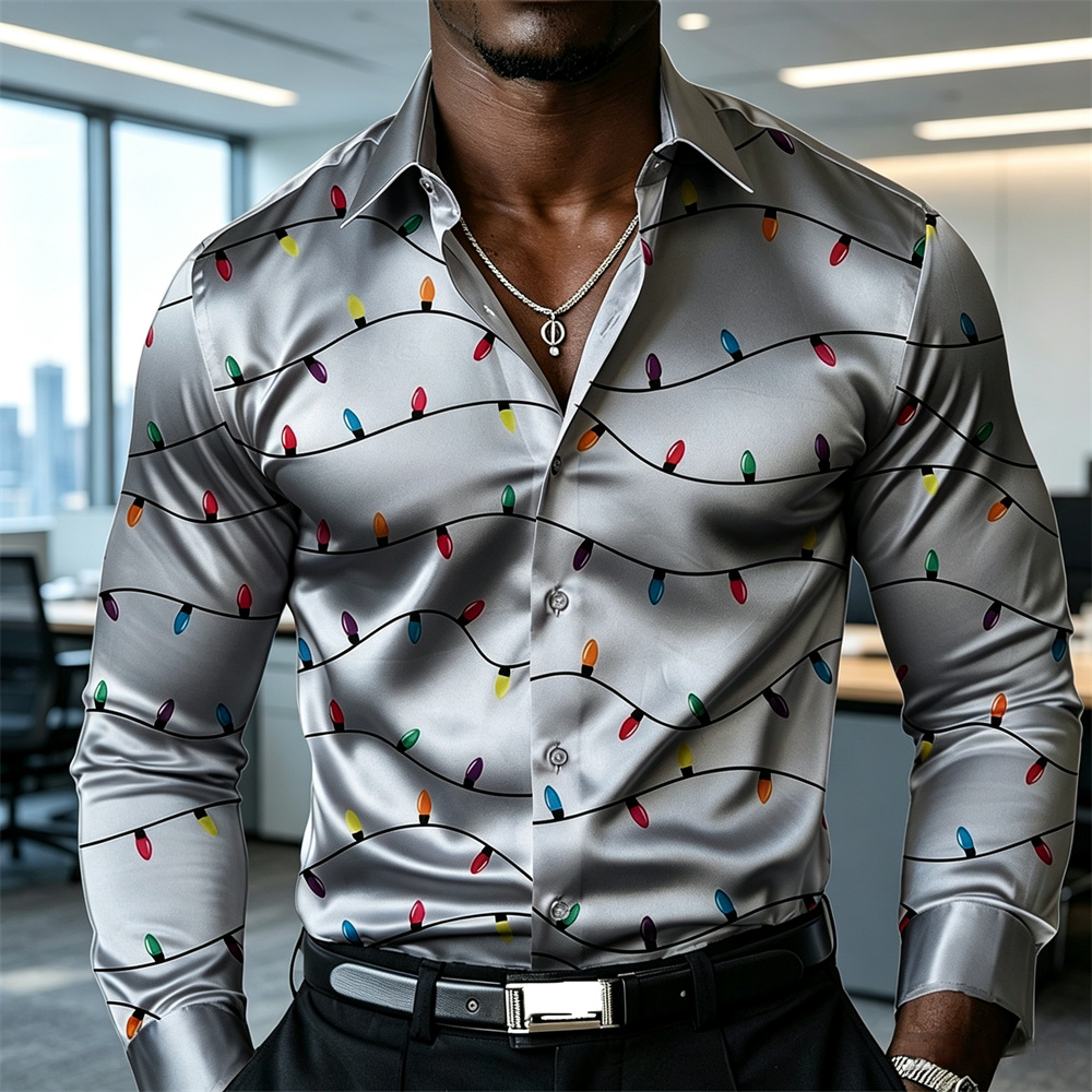 Mens Satin Silk Dress Shirt - Męska świąteczna koszula z motywem latarni,