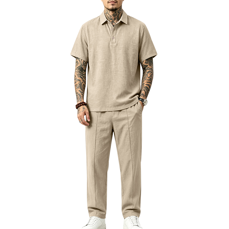 Mens Linen Shirt Long Sleeve - Męski dwuczęściowy zestaw polo: koszulka polo