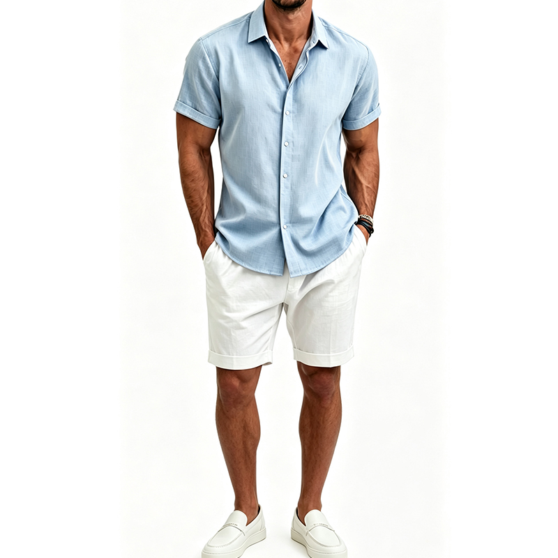 Mens Linen Shirt Long Sleeve - Męski zestaw koszulowy z bawełny i